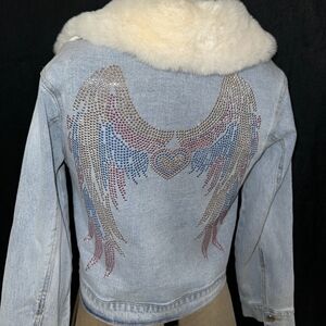 Girls' Light Blue Denim Jacket with Faux Fur Collar and Rhinestone Wing Design